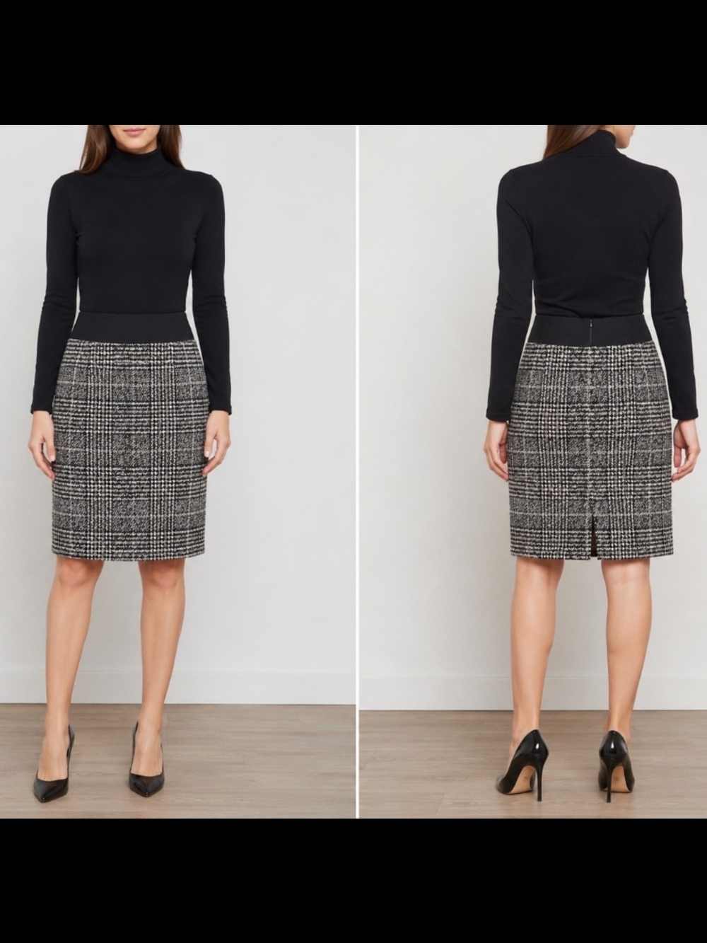 Akris Punto Plaid Check Pencil Skirt Black Waistband Fully Lined Size 8